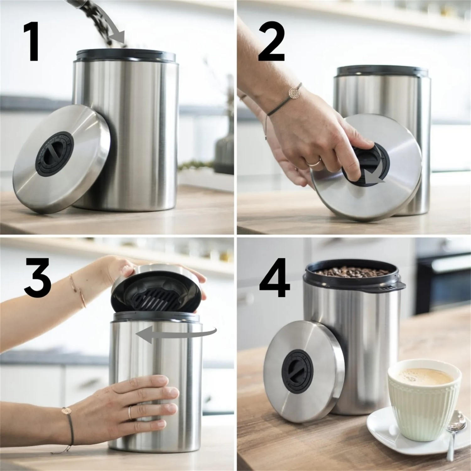 Vier Bilder zeigen Schritte zur Verwendung eines Kaffeeaufbewahrungsbehälters. Edelstahlkanister mit Deckel, Bohnen hinzugefügt, Deckel geschlossen und Kaffeetasse.