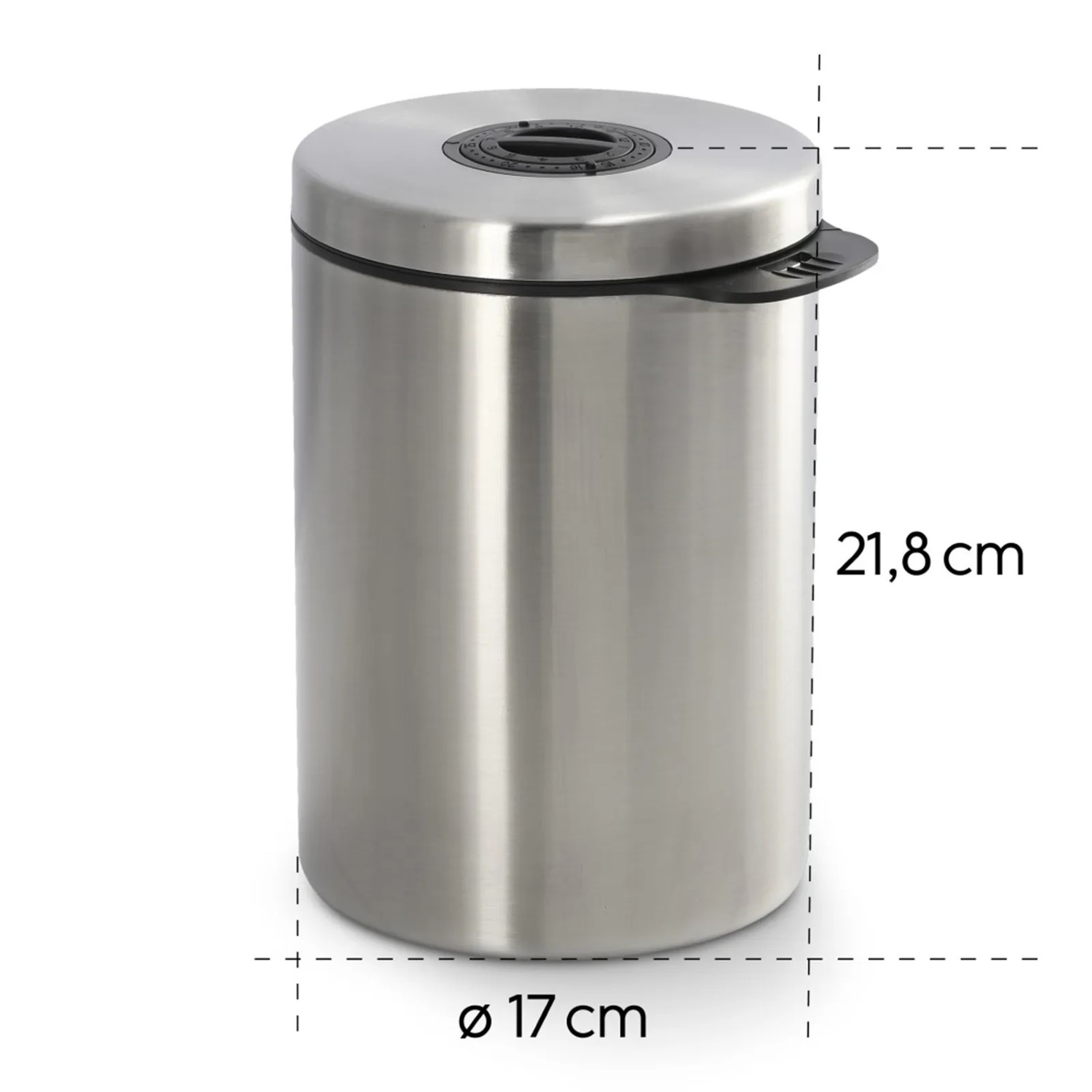 Ein zylindrischer Abfalleimer aus Edelstahl mit schwarzem Deckel und Griff. Abmessungen: 21,8 cm hoch, 17 cm Durchmesser.