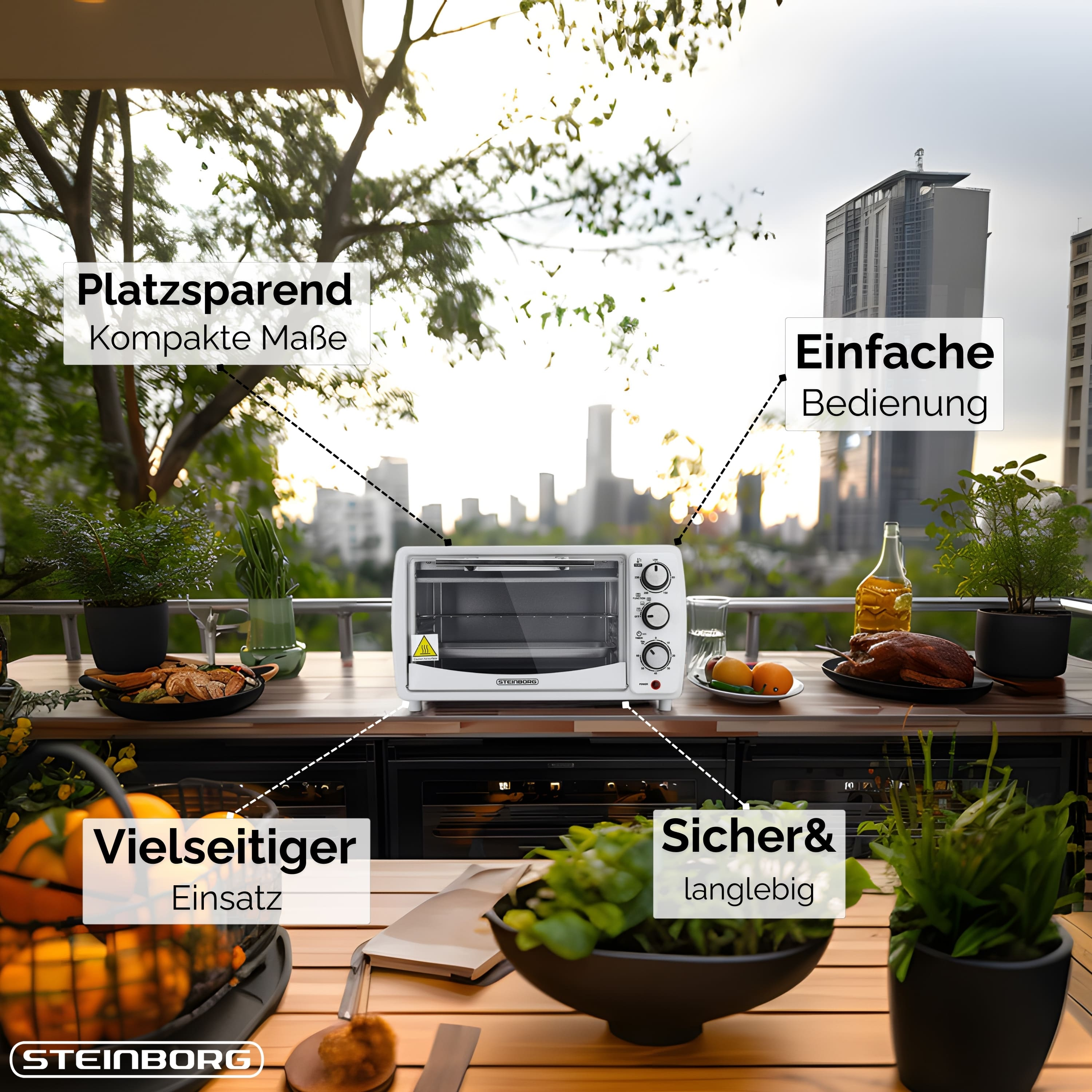Ein weißer Tischbackofen steht auf einer Holzoberfläche mit Essen, Pflanzen und Stadt im Hintergrund.