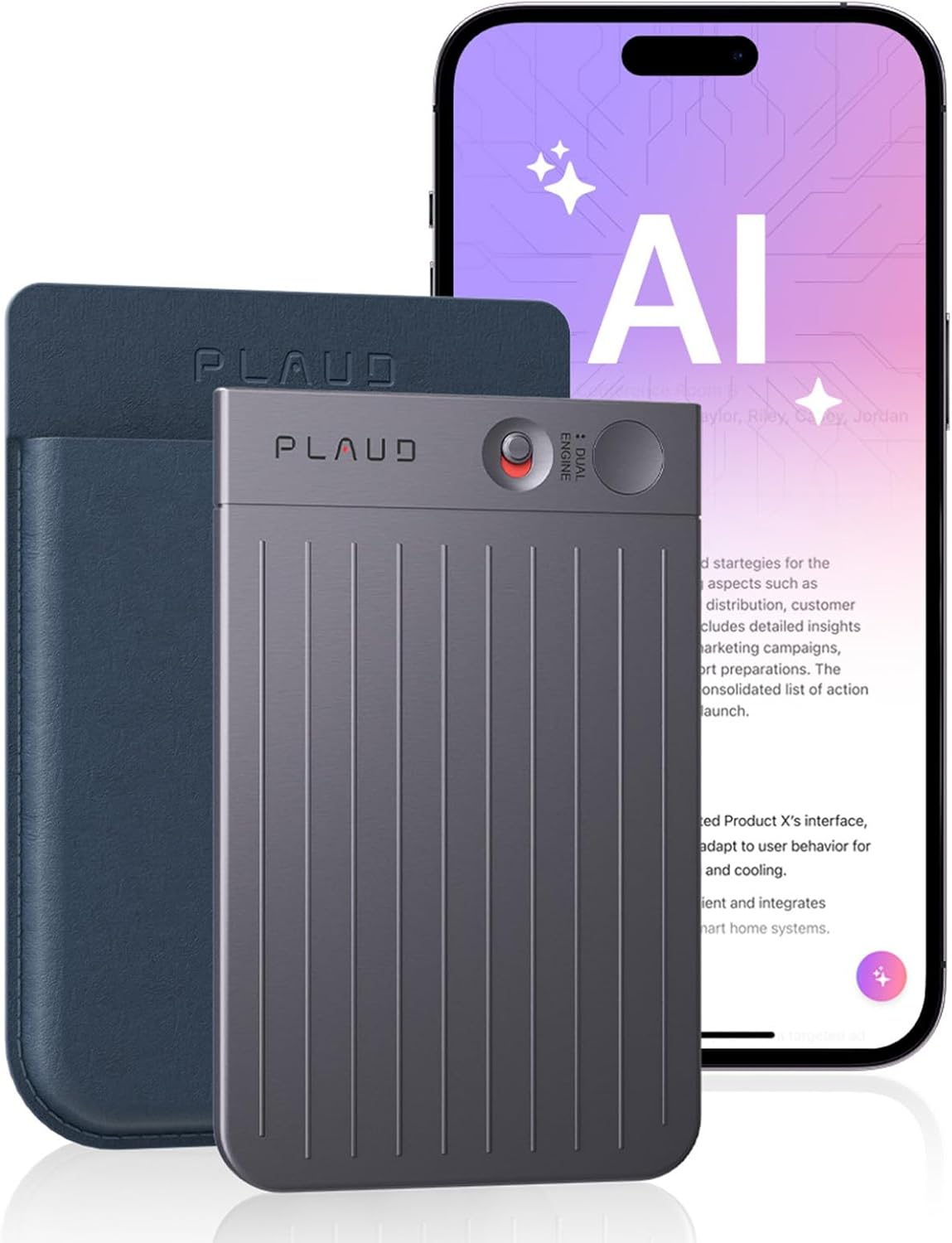 Un téléphone affiche 'IA', avec un appareil technologique gris et un étui bleu. L'appareil porte 'PLAUD'.