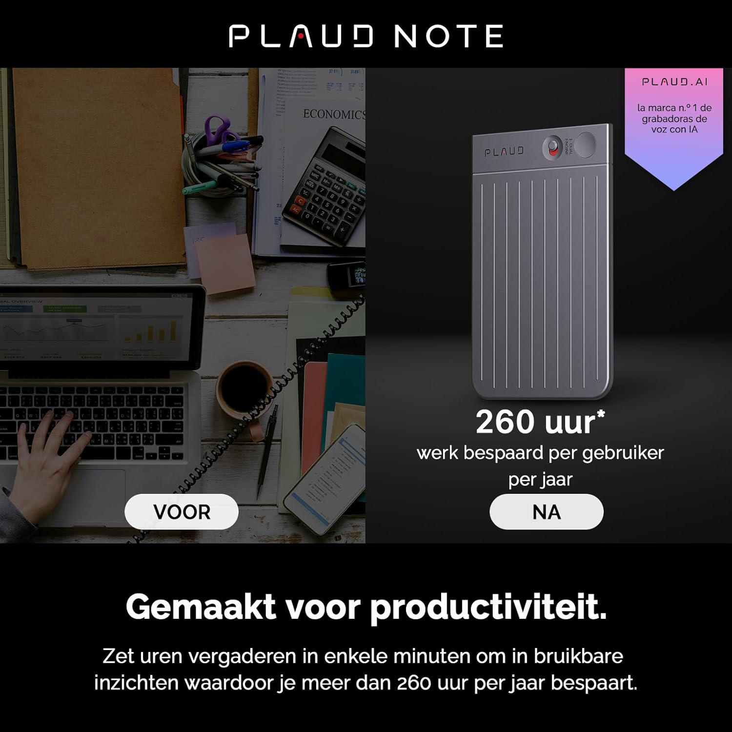 Un bureau avec un ordinateur portable, une calculatrice, des papiers et un appareil. Une main tape sur l'ordinateur portable. Une publicité de produit avec du texte néerlandais.