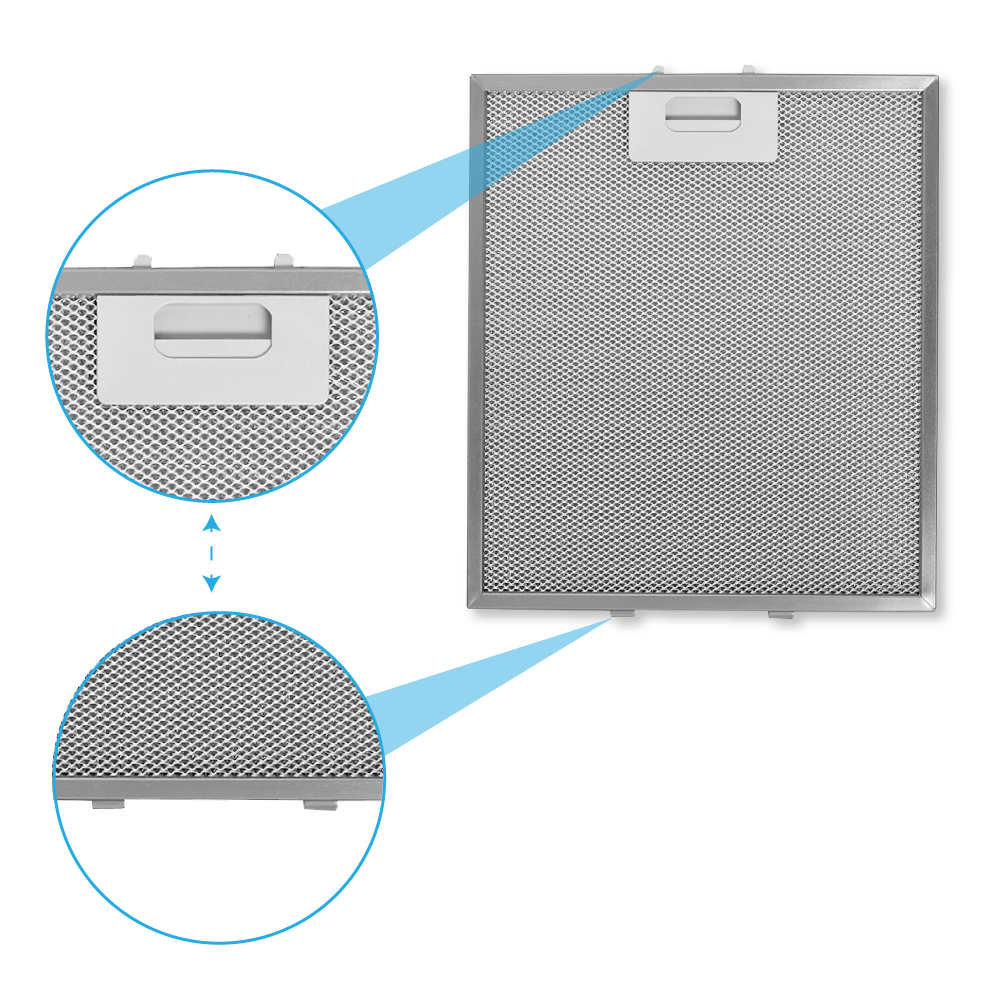 Ein Metallgitterfilter. Details umfassen einen Griff, einen Rahmen und kreisförmige Nahaufnahmen.