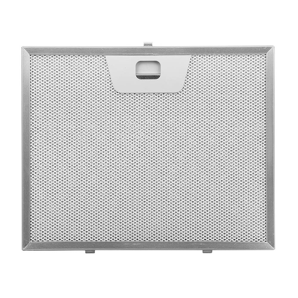 Un filtro metallico rettangolare, con una maglia fine. Ha una maniglia al centro e un telaio attorno al bordo. Sfondo bianco.