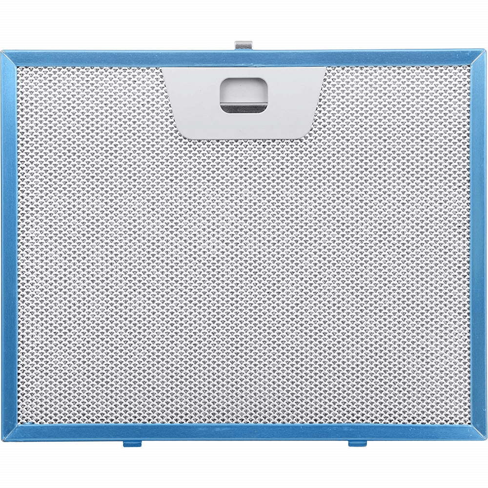 Un filtro metallico rettangolare con cornice blu. Il filtro è a forma di rete con una maniglia bianca in alto. Design pulito e moderno.