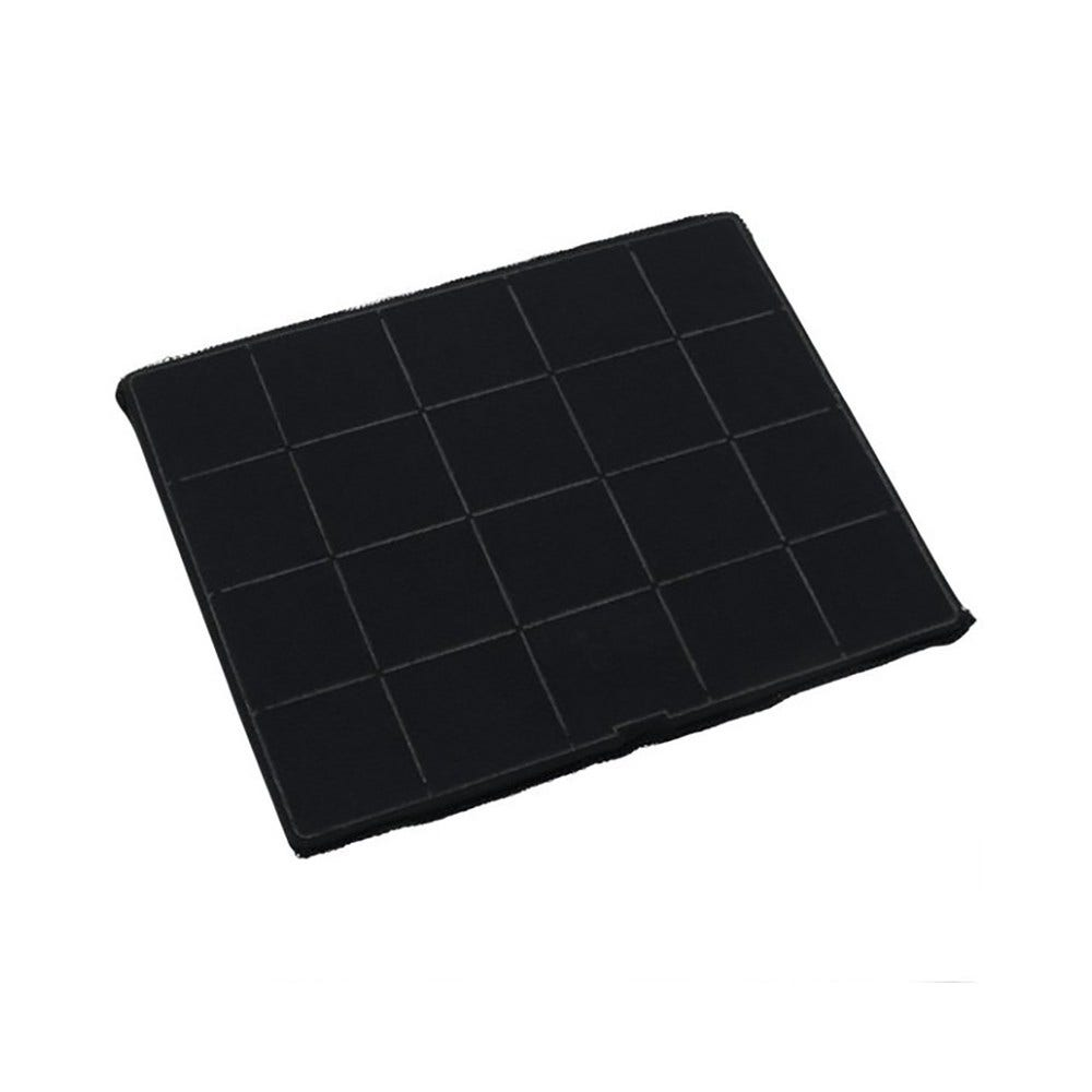Ein schwarzer, quadratischer Filter mit Gittermuster liegt diagonal auf weißem Hintergrund. Es scheint ein Küchengeräteteil zu sein.