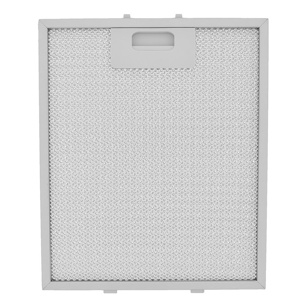 Ein rechteckiger Metallfilter mit perforierter Oberfläche. Er hat einen Griff oben und einen grauen Rahmen. Der Filter ist für ein Küchengerät.