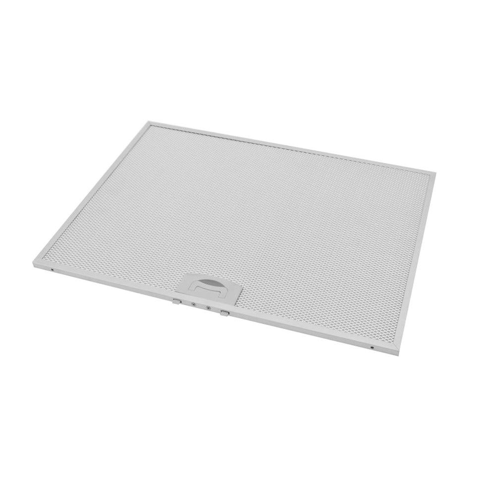 Ein rechteckiger, perforierter Metallfilter mit Griff. Er ist silberfarben und wahrscheinlich für eine Dunstabzugshaube.