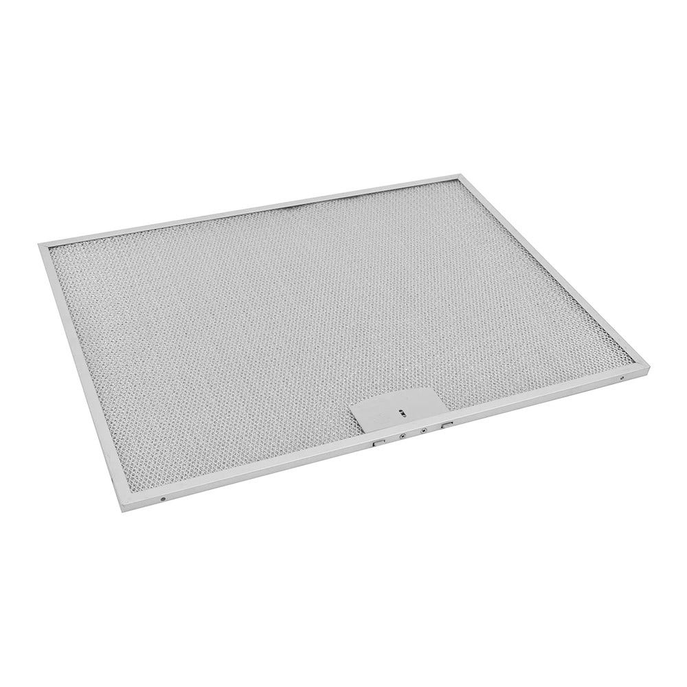 Ein rechteckiger Metallgitterfilter, wahrscheinlich für eine Dunstabzugshaube. Es hat einen silbernen Rahmen und ein feines Netz in der Mitte, mit einer kleinen Metalllasche.