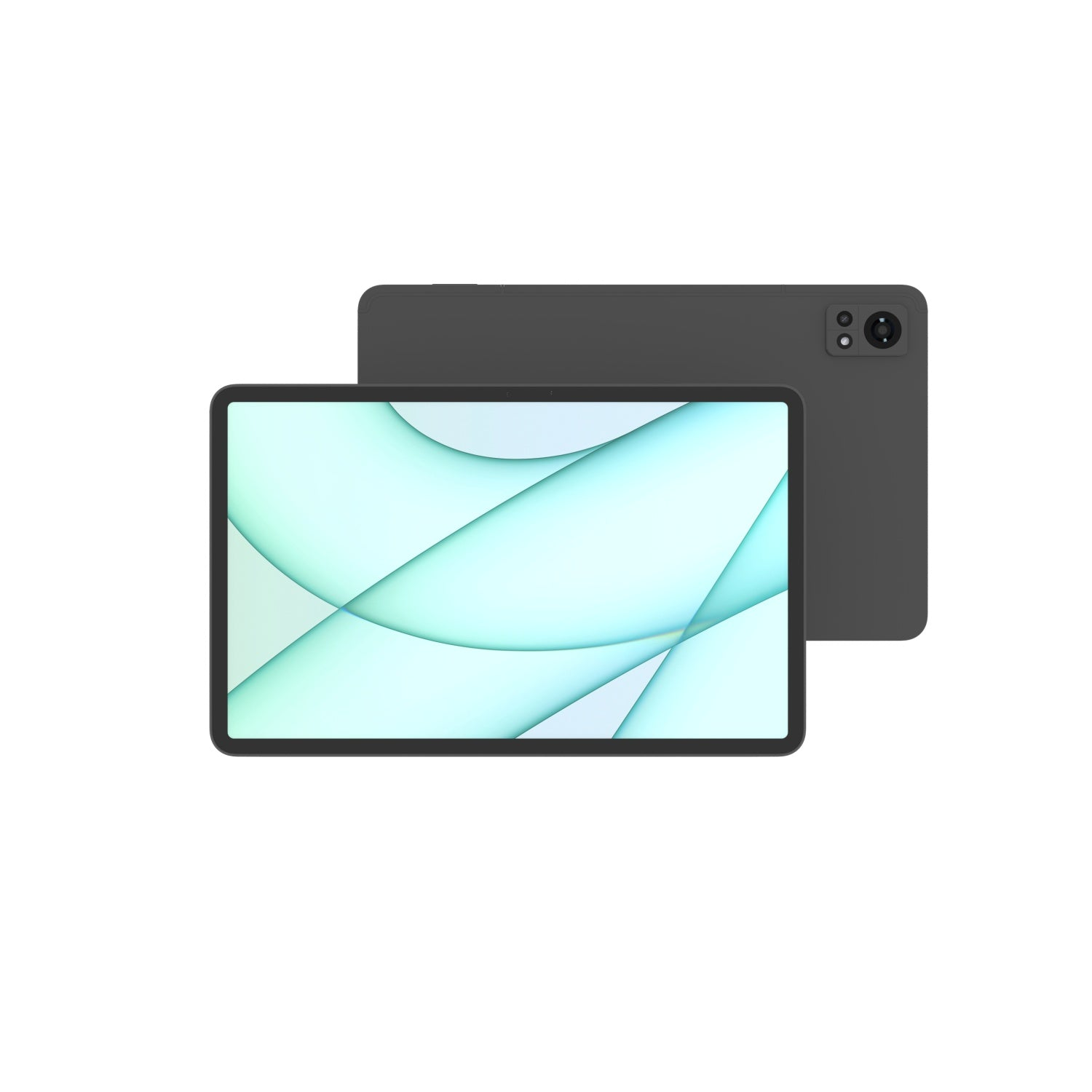 Un tablet grigio scuro con schermo azzurro e verde chiaro. Dietro, un altro tablet mostra il retro con le fotocamere.