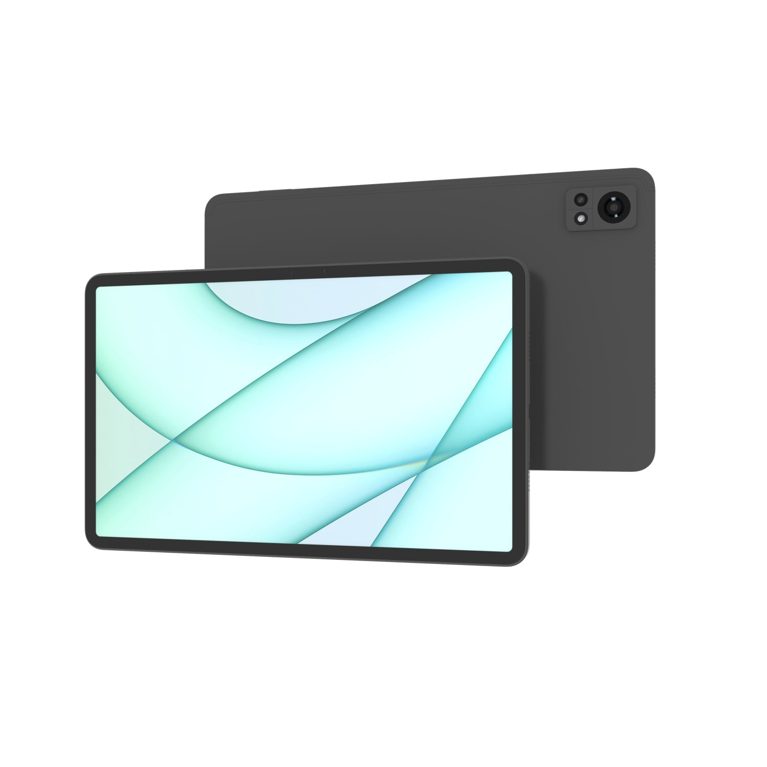 Due tablet grigio scuro. Uno mostra uno schermo con linee astratte verdi e bianche. L'altro ha una fotocamera.
