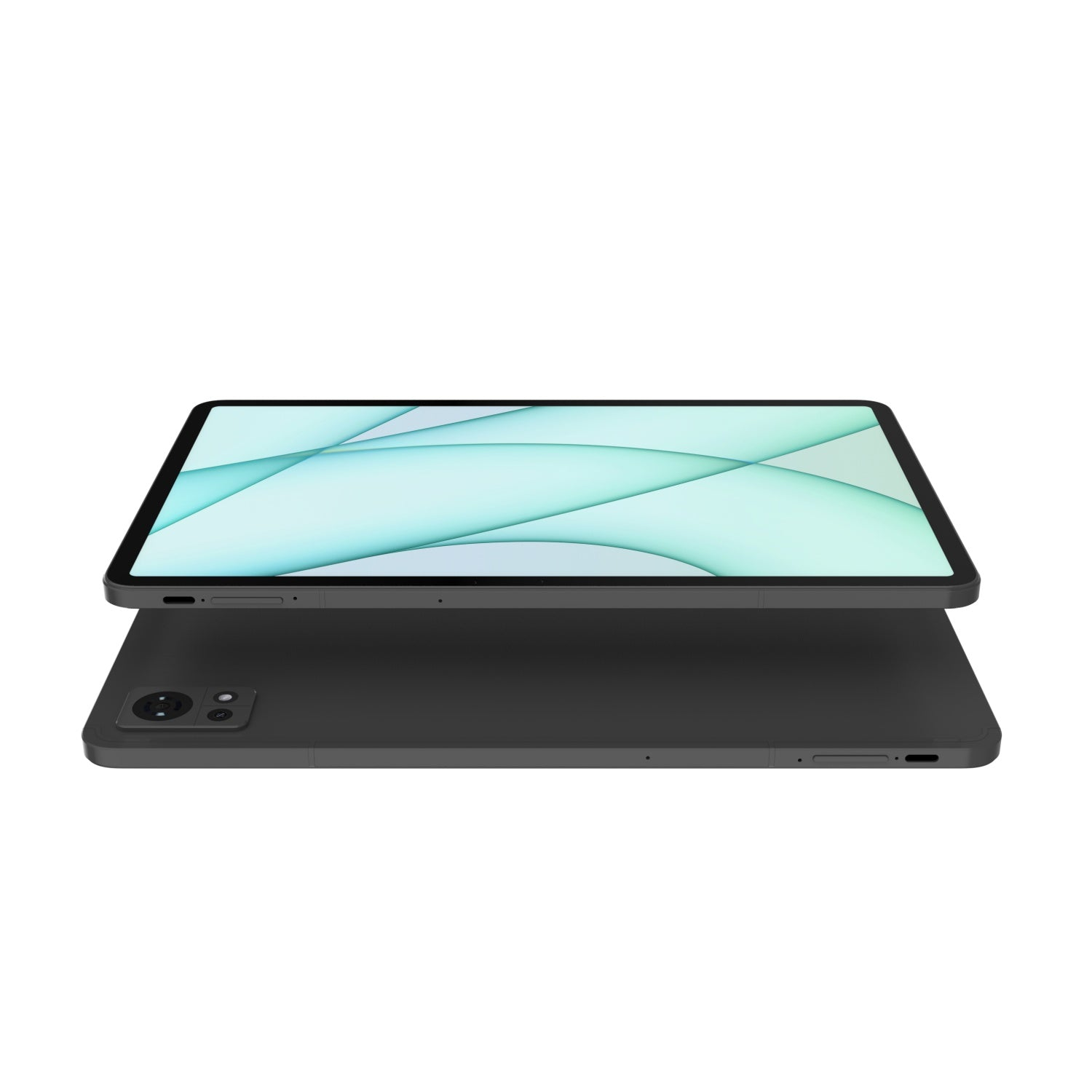 Due tablet grigio scuro impilati. Quello superiore mostra uno sfondo astratto verde chiaro. Quello inferiore ha una fotocamera.