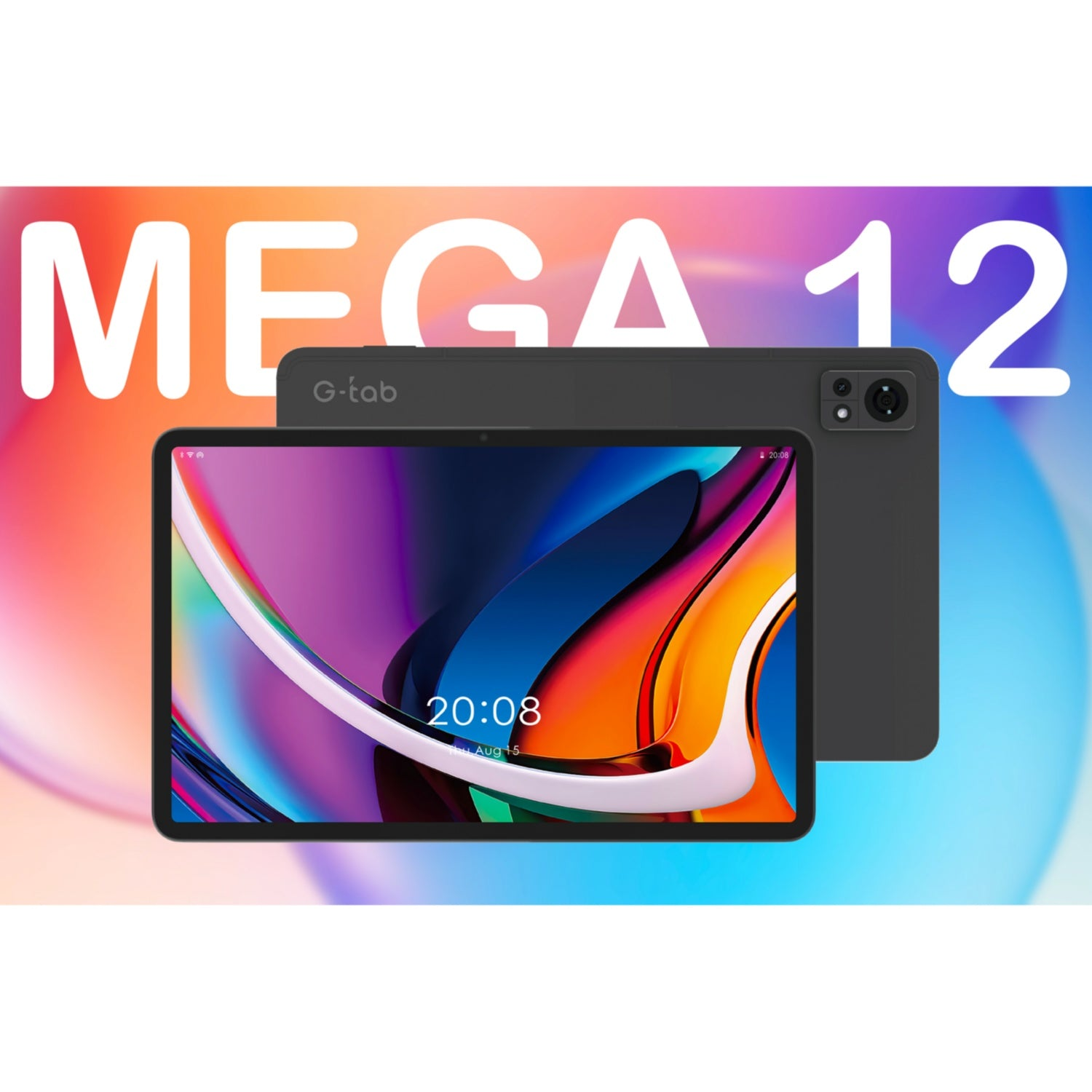 Due tablet neri, uno con display colorato, l'altro con fotocamera e logo G-tab. Lo sfondo ha il testo MEGA 12.
