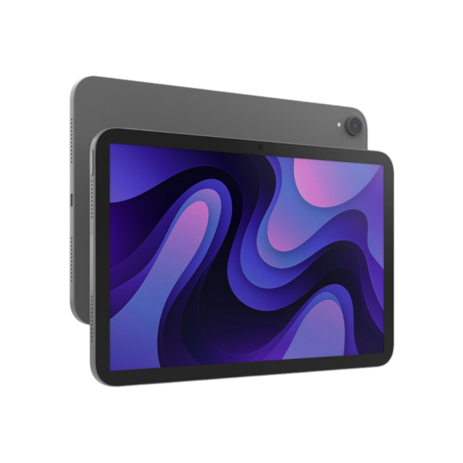 Un tablet grigio con uno schermo colorato che mostra forme astratte viola e blu. Un altro tablet grigio è dietro.