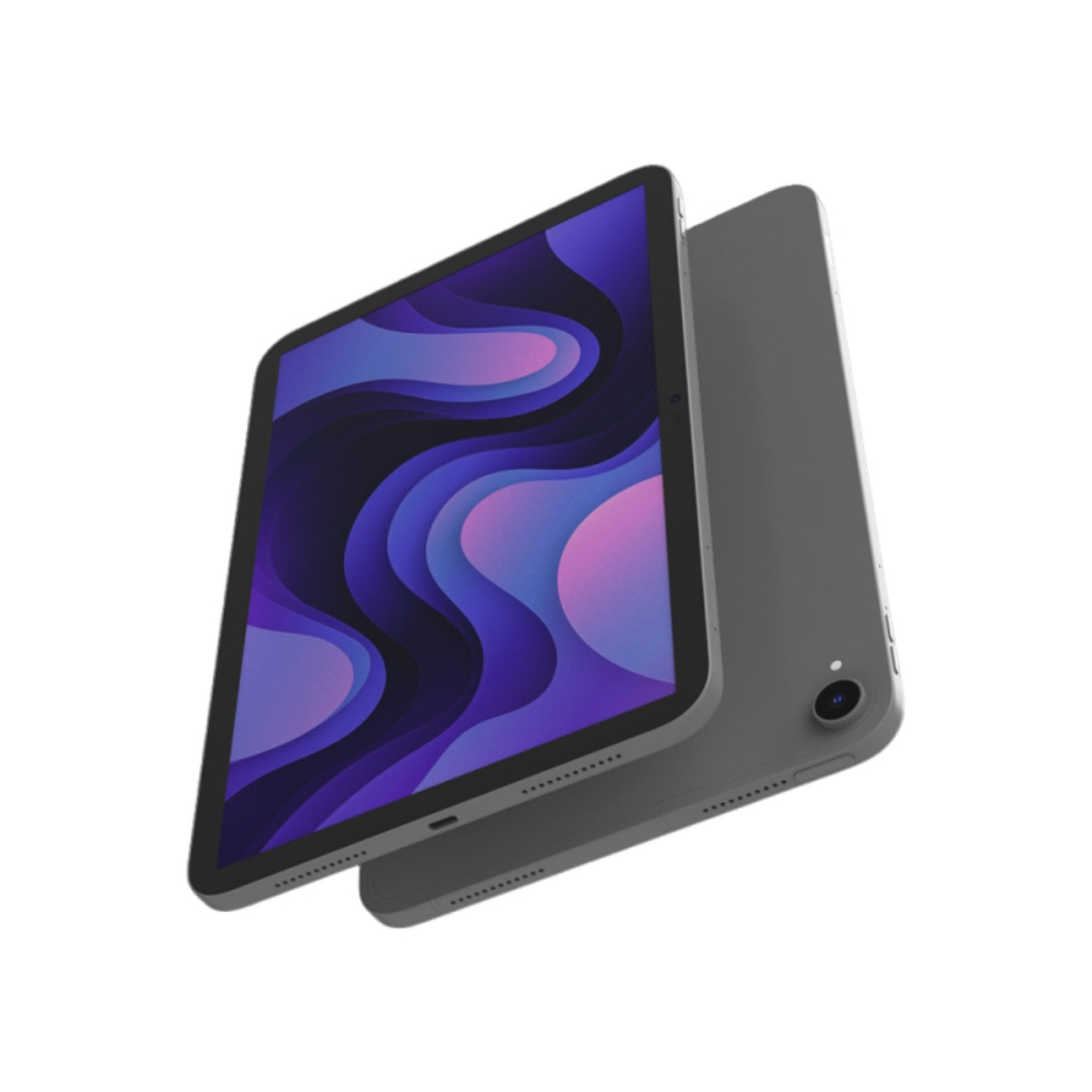 Due tablet grigi. Uno mostra un design astratto viola e blu. Il retro dell'altro tablet è visibile, con una fotocamera.