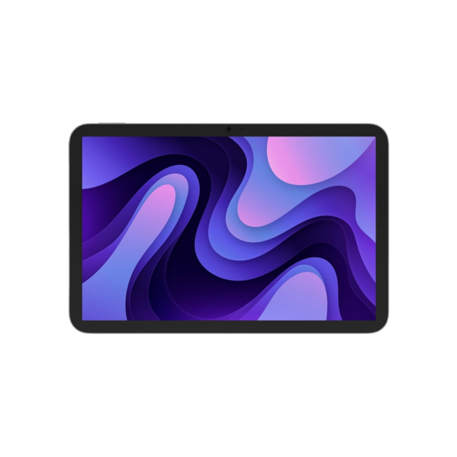 Un tablet con cornice nera mostra un design astratto viola e blu. Lo sfondo è bianco.