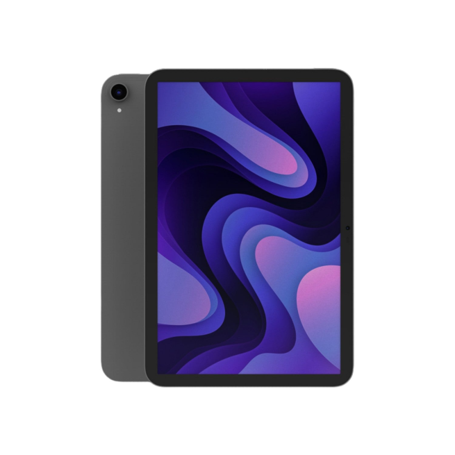 Un tablet grigio su sfondo bianco, mostra uno schermo con un motivo a onde viola e blu. Il retro ha una fotocamera.