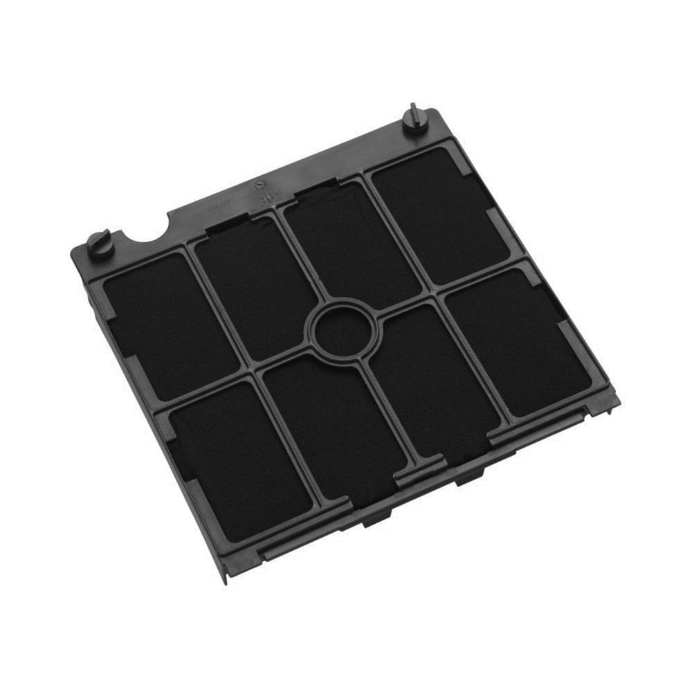 Ein schwarzer Luftfilter mit Kunststoffrahmen. Er hat eine gitterartige Struktur mit schwarzem Netz und einem zentralen kreisförmigen Element.