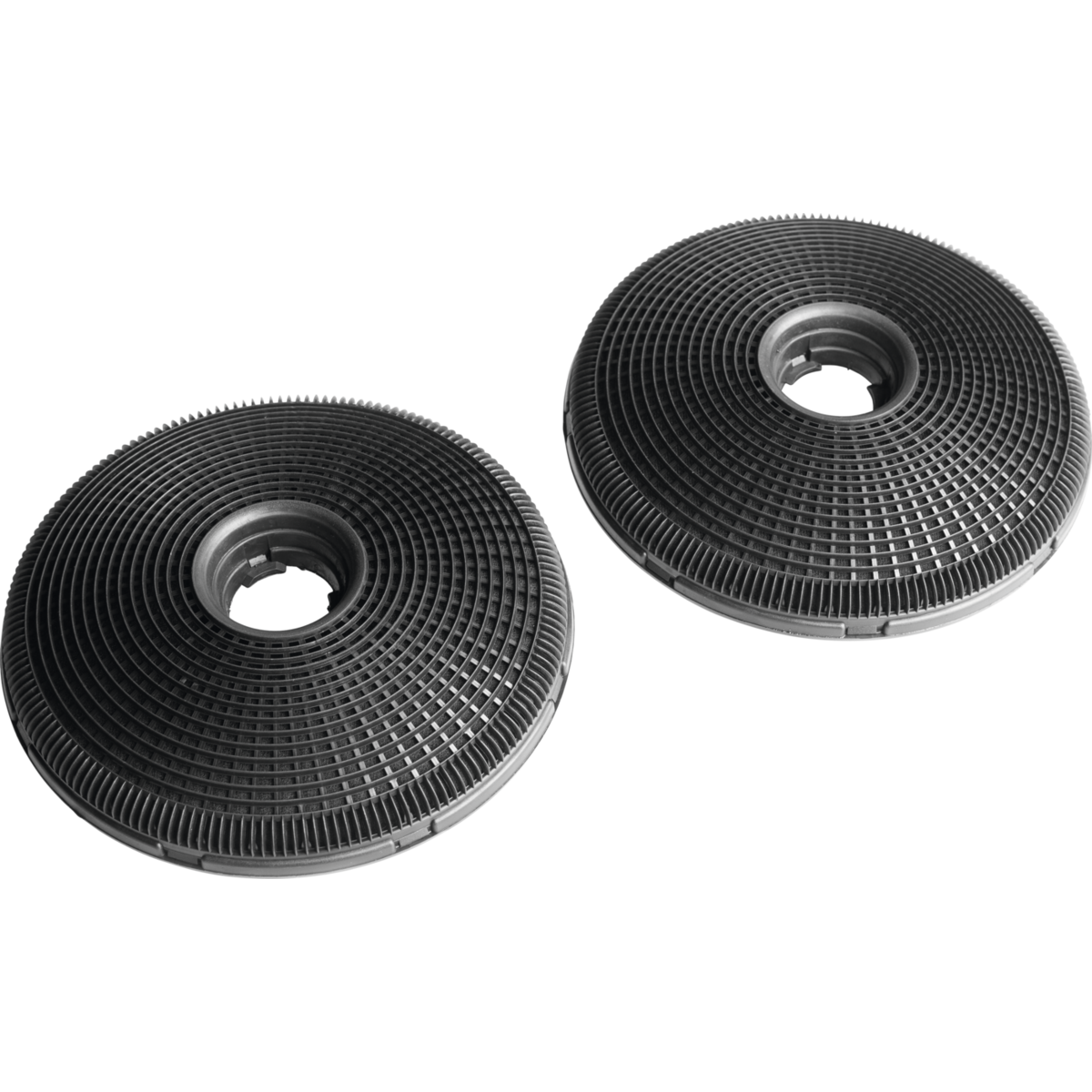 Due filtri a carbone neri e circolari. Hanno un design a coste concentriche con un'apertura centrale circolare.