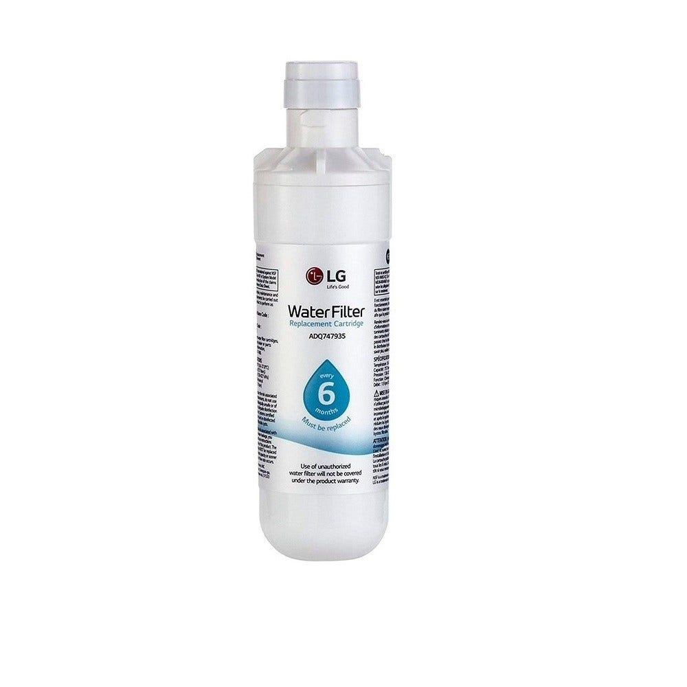 Eine LG-Wasserfilter-Ersatzkartusche, weiß mit blauem und schwarzem Text. Sie sagt 'alle 6 Monate ersetzen'.