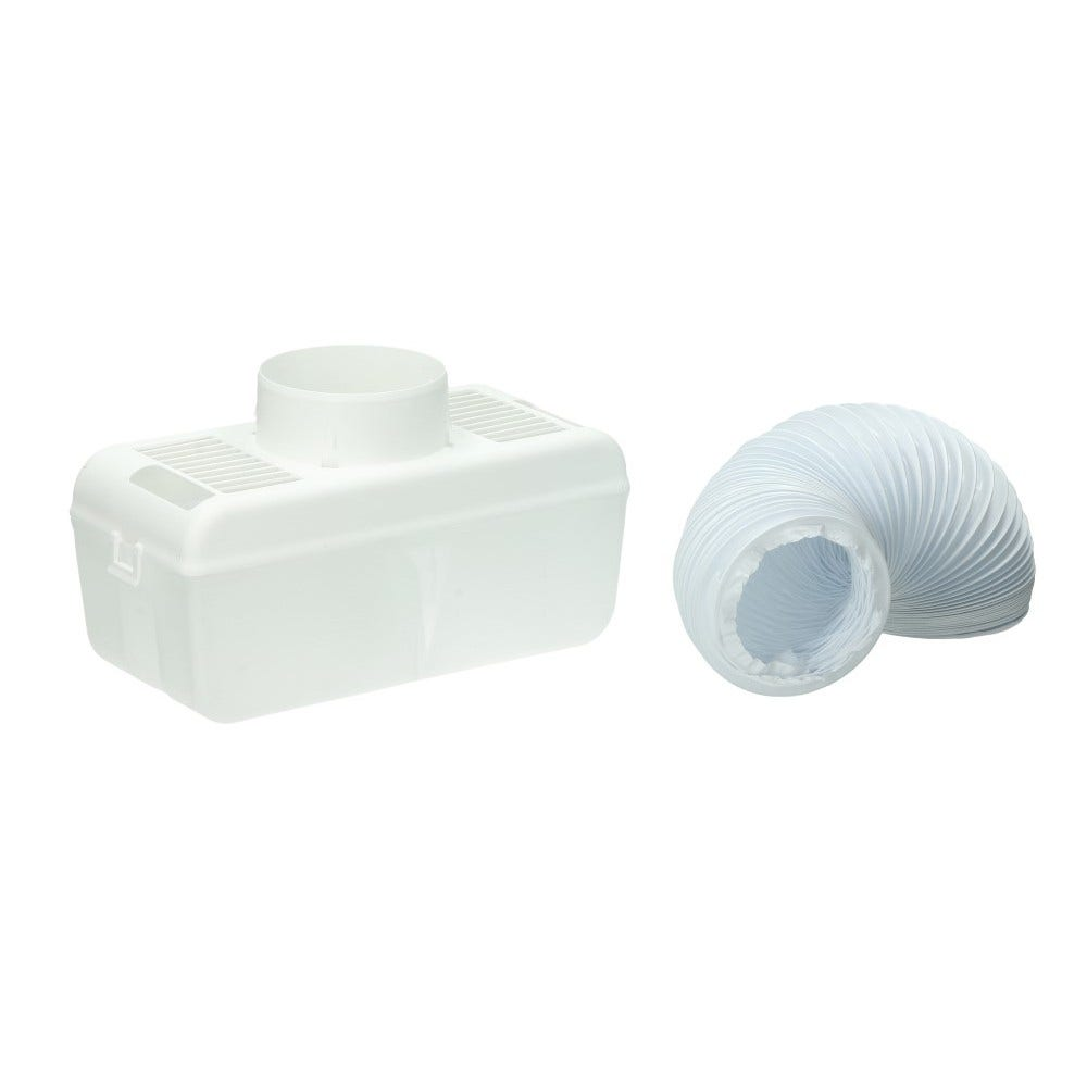 Eine weiße Plastikbox mit rundem Deckel und ein weißes, flexibles Rohr.