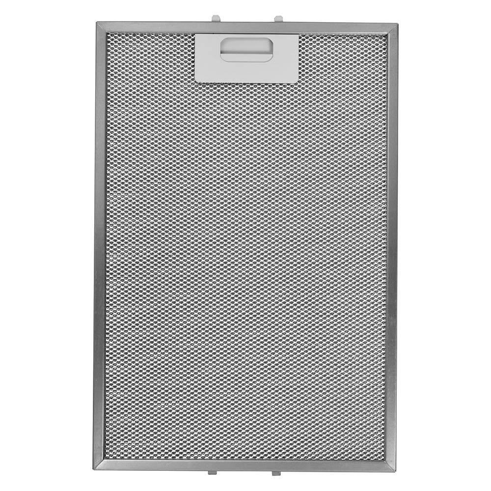 Ein rechteckiger Metallgitterfilter mit weißem Griff. Der Filter hat ein feines, gemustertes Gitter. Der Rahmen ist metallisch.