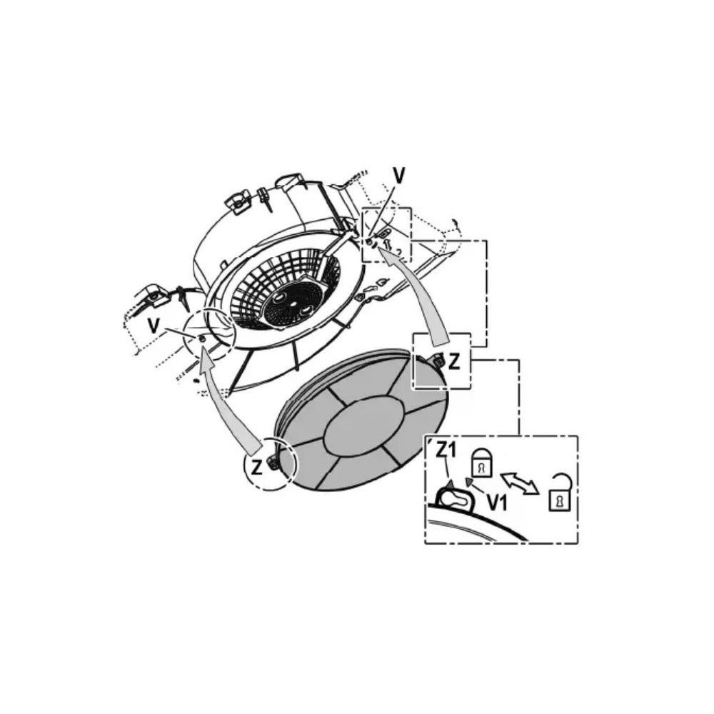 Diagramm zeigt Geräteteile mit Pfeilen, die auf Komponenten und Symbole zeigen. Enthält einen kreisförmigen Lüfter und ein kleines Diagramm mit Schlössern.