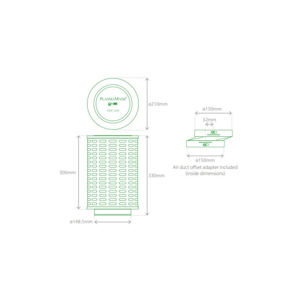 Diagramma di un filtro dell'aria cilindrico e adattatore. Le dimensioni sono indicate in millimetri. Include il logo del marchio e il numero del modello.