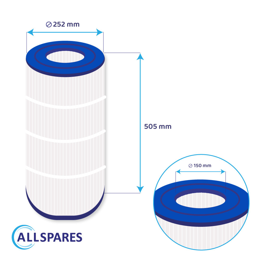Un filtro bianco con bordi blu, dimensioni: diametro 252 mm, lunghezza 505 mm e diametro interno 150 mm.