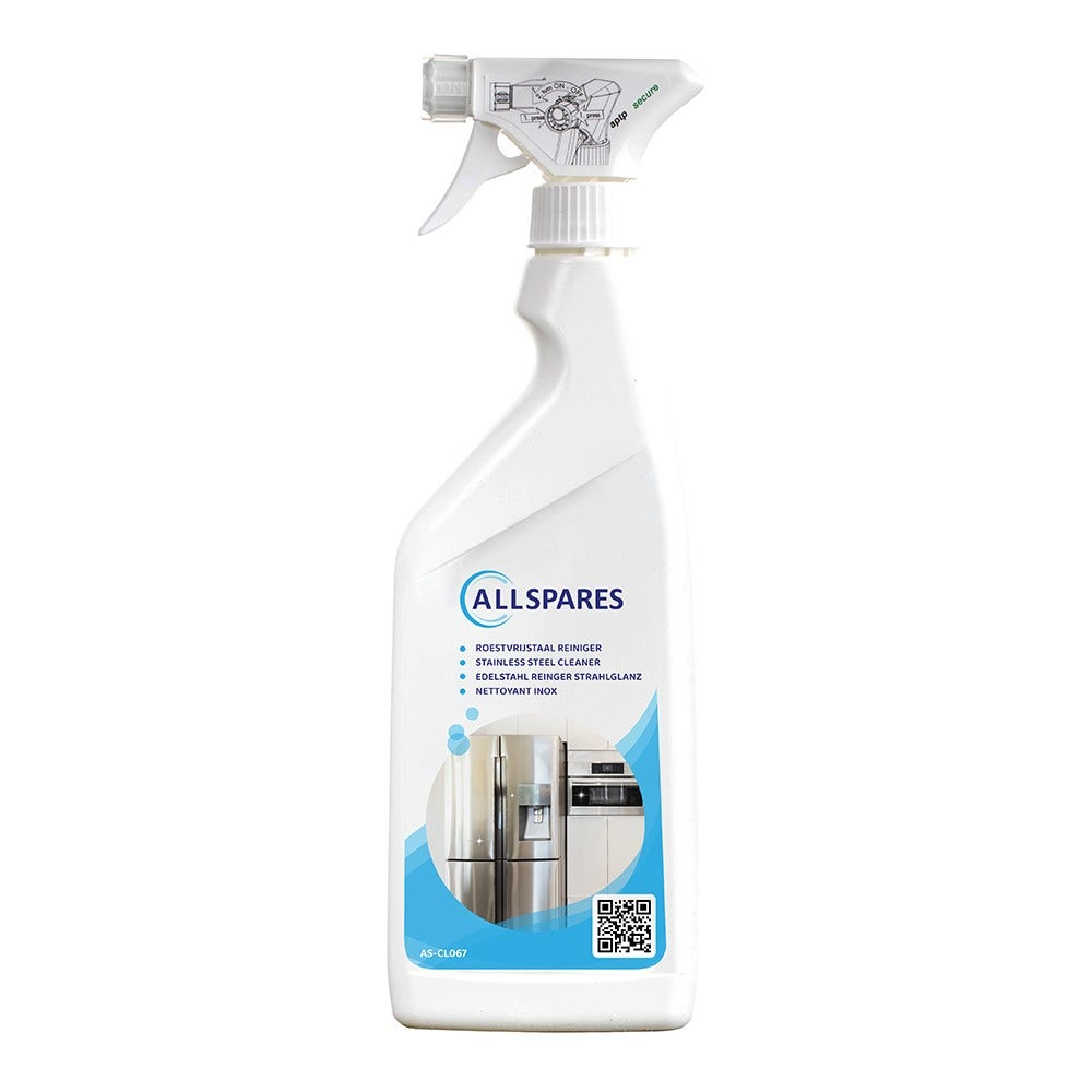 Eine weiße Sprühflasche von Allspares Edelstahlreiniger, mit Produktdetails und einem QR-Code. Der Hintergrund ist schlicht.