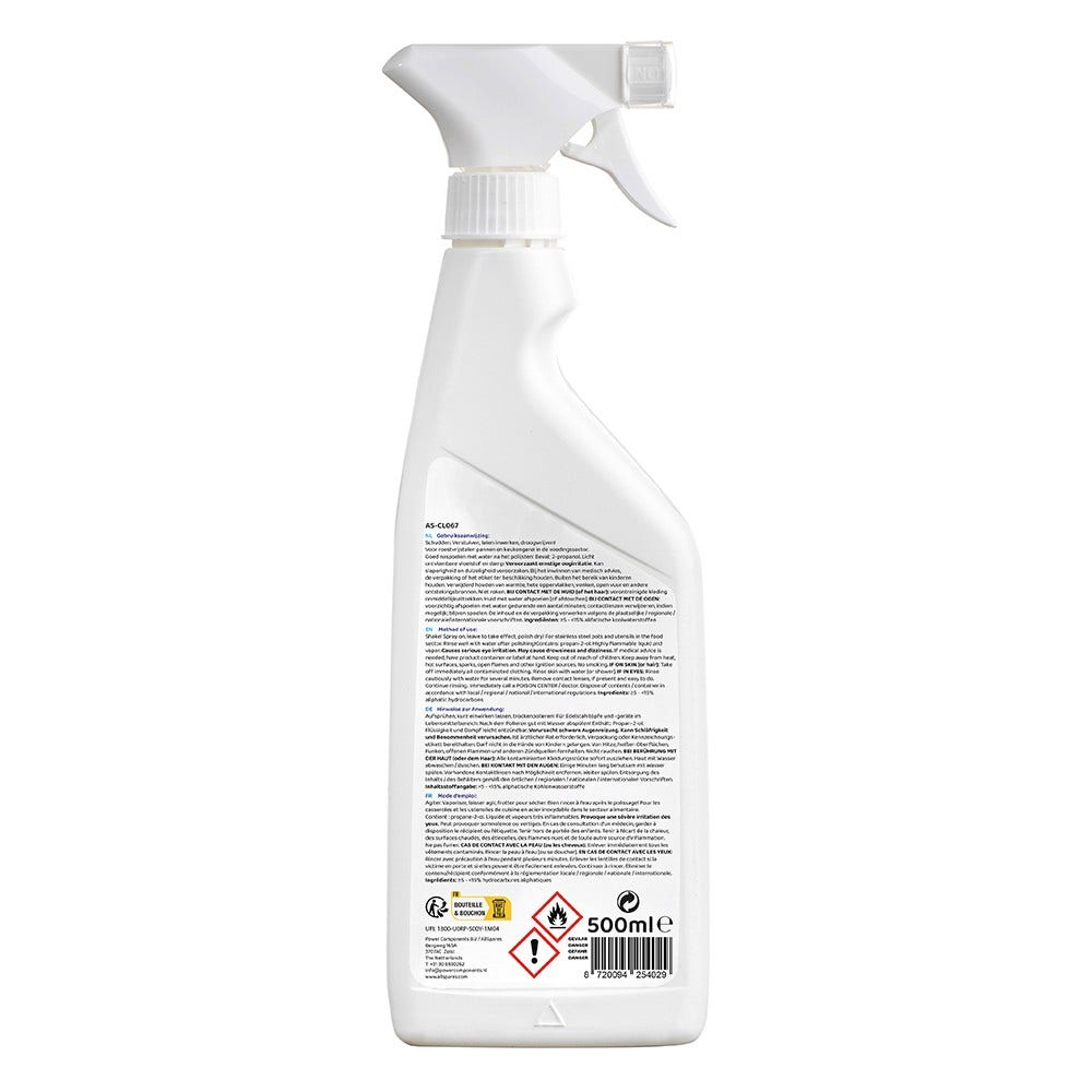 Eine weiße Sprühflasche mit Text und Symbolen. Sie enthält eine Reinigungsflüssigkeit mit Warnsymbolen und einer 500-ml-Volumenangabe.
