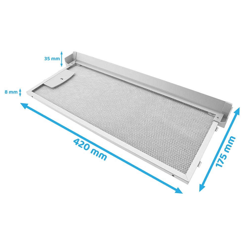 Ein rechteckiger, silberfarbener Dunstabzugsfilter mit Abmessungen. Der Filter hat ein Maschendesign und ist auf weißem Untergrund platziert.
