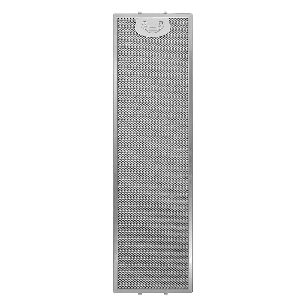 Un filtro di ventilazione rettangolare e metallico. Ha una superficie perforata e una maniglia curva in alto.