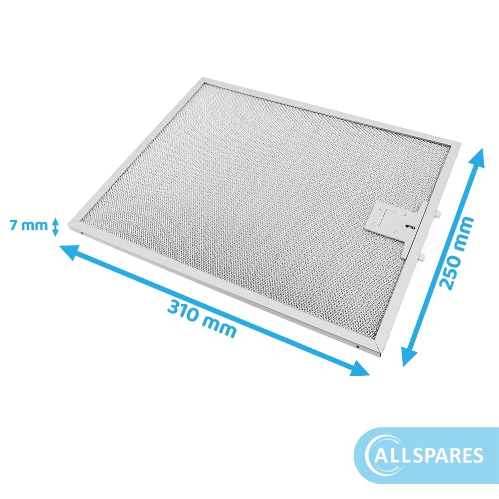 Un filtro metallico rettangolare con dimensioni etichettate. Ha un motivo a rete. Le frecce indicano 310 mm e 250 mm. Il logo del marchio è in basso.