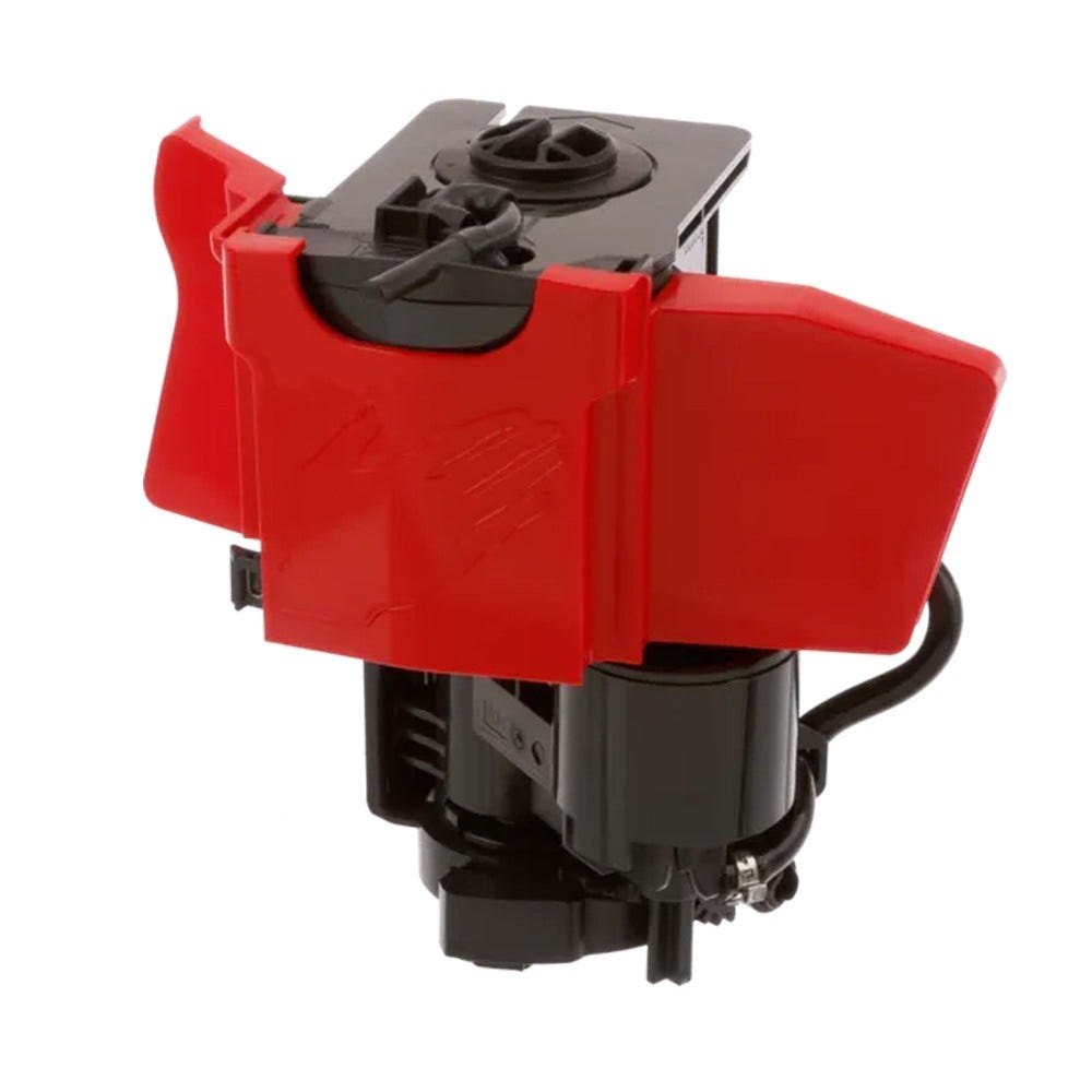Eine schwarz-rote Maschinenkomponente. Rote Klappen an den Seiten, eine schwarze Oberseite mit Hebel und eine zylindrische Basis.