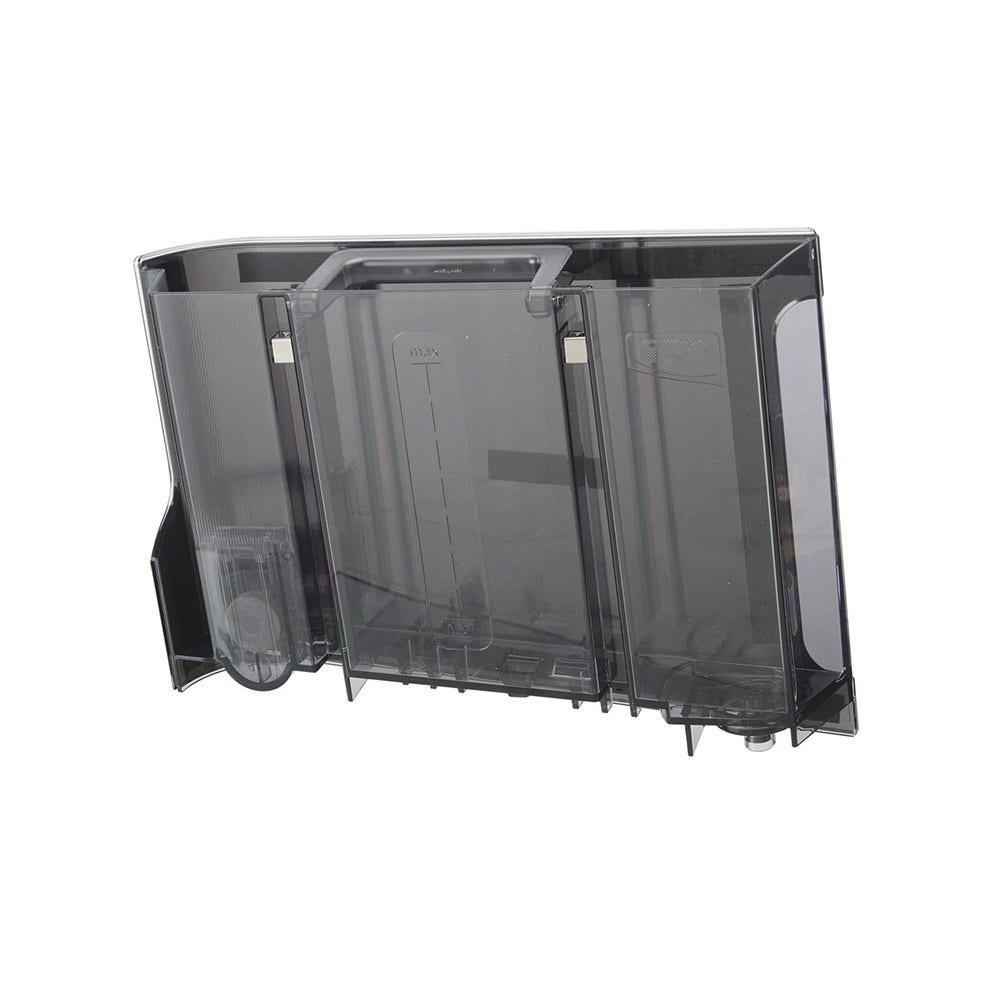 Ein transparenter Kunststoff-Wassertank mit Griff. Er hat drei Fächer und eine 'MAX'-Pegelanzeige.