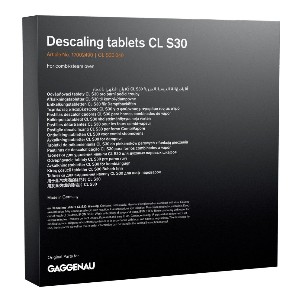 Weiße Verpackung mit Text 'Descaling tablets CL S30' und Produktdetails. Markenlogo unten.