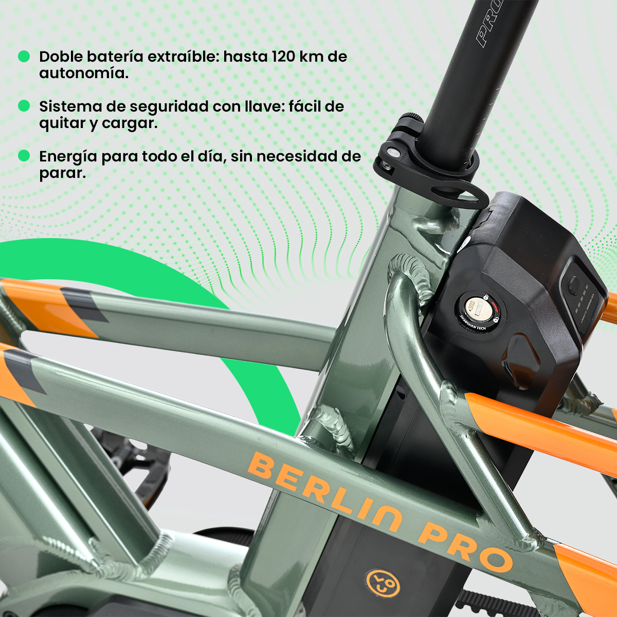 Primer plano de un cuadro de bicicleta eléctrica Berlin Pro verde y naranja. El texto destaca características: batería extraíble, seguridad con llave y energía todo el día.