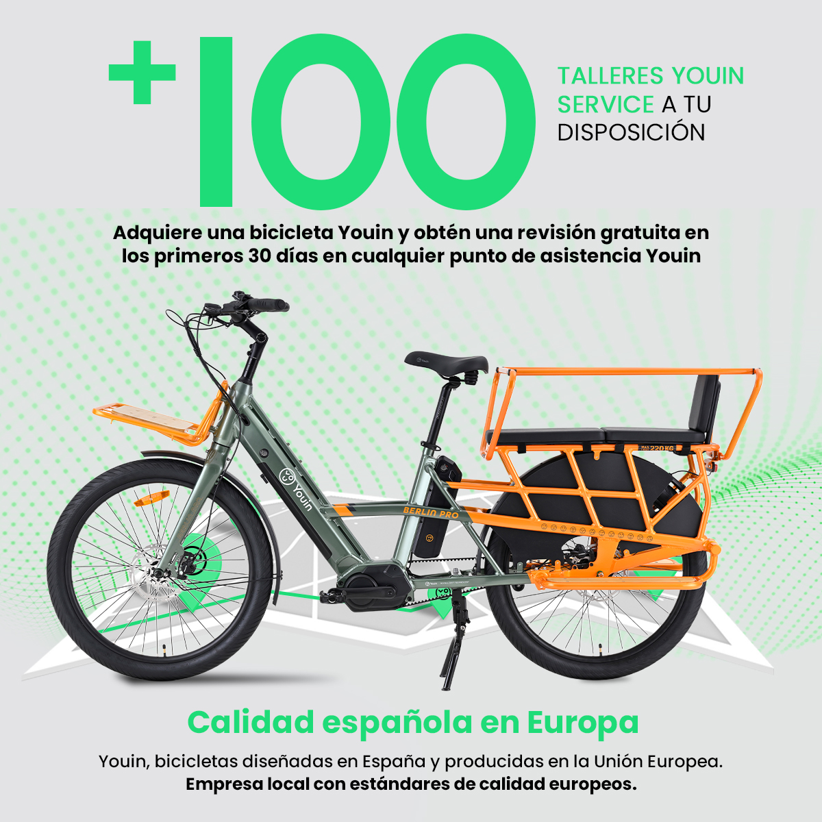 Imagen muestra bicicleta de carga Youin Berlin Pro verde y naranja. Texto incluye '+100' y 'Calidad española en Europa'.