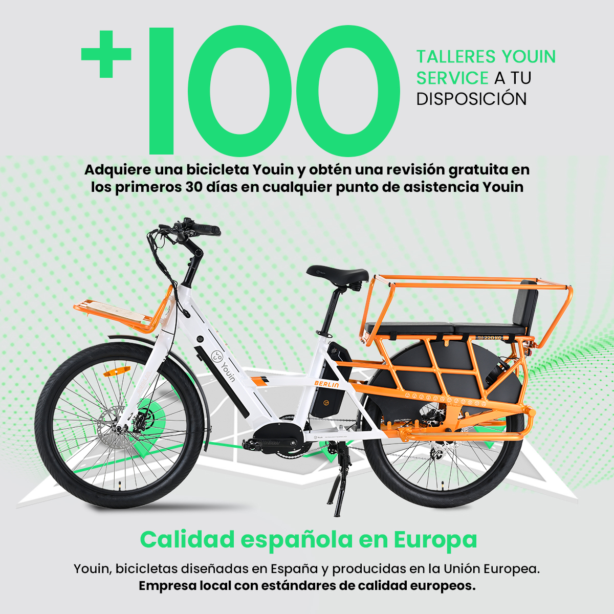 Bicicletta cargo Youin bianca e arancione. Sovrapposizione di testo: +100, Servizio Youin, qualità spagnola in Europa. Offre un controllo gratuito.