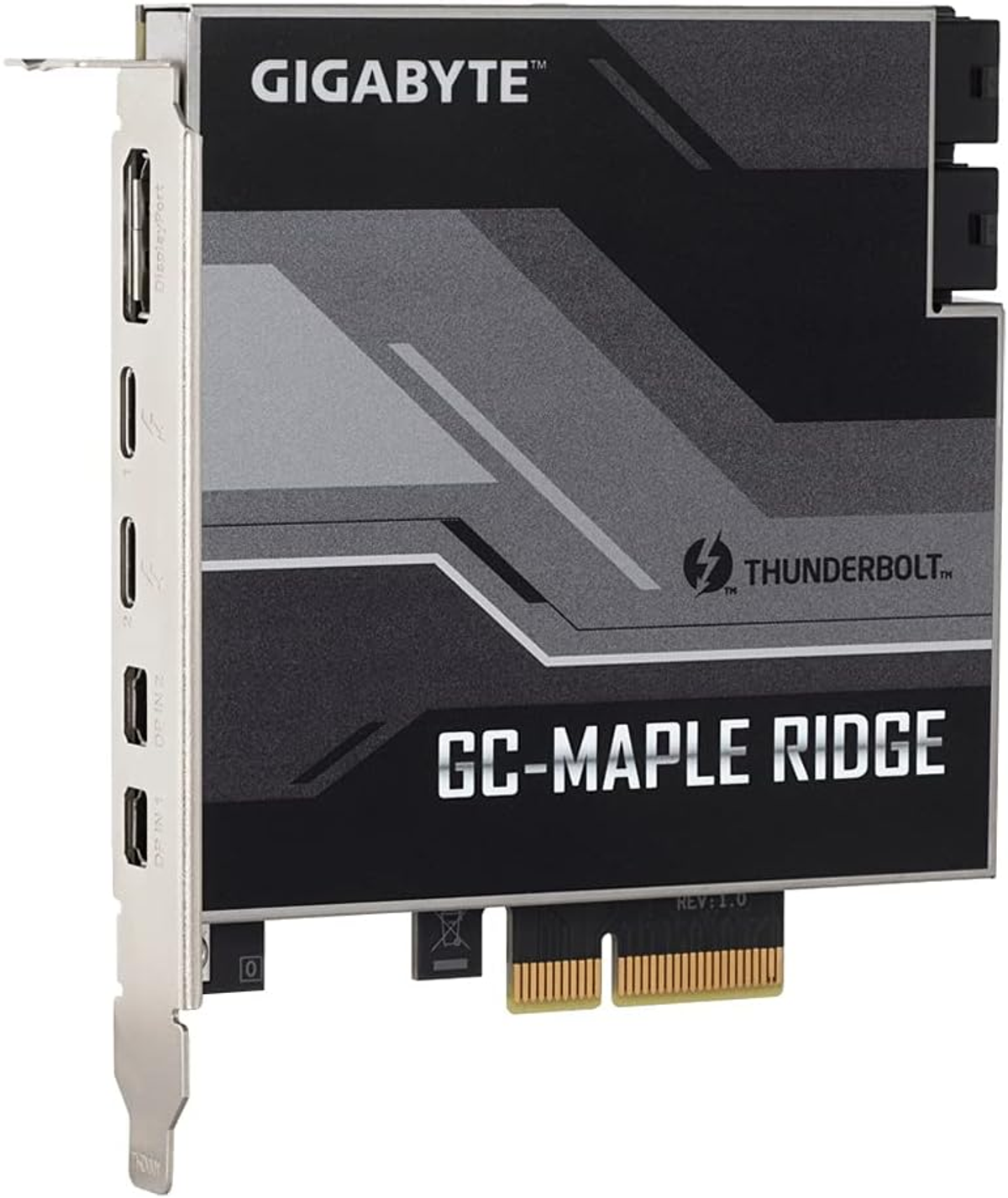 Una scheda di espansione Gigabyte GC-Maple Ridge. Ha un design argento e nero. Sono visibili Thunderbolt e varie porte.