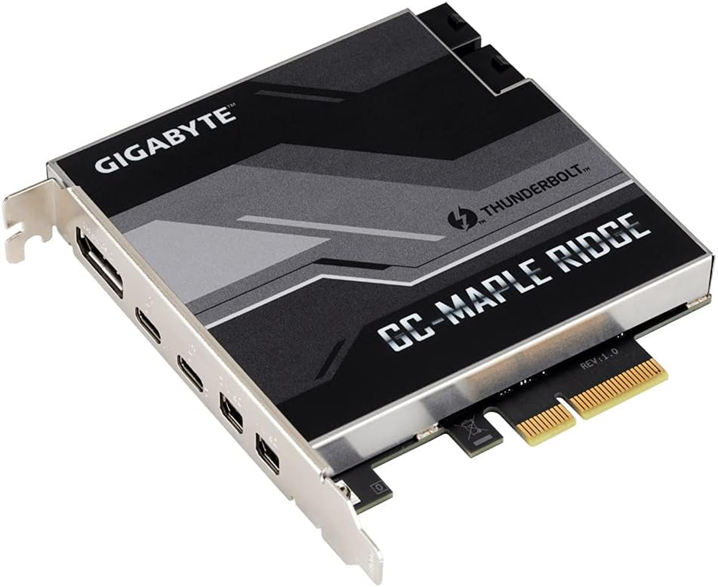 Una scheda Thunderbolt Gigabyte GC-Maple Ridge nera e grigia. Porte argentate sul lato. La scheda ha un logo Thunderbolt.