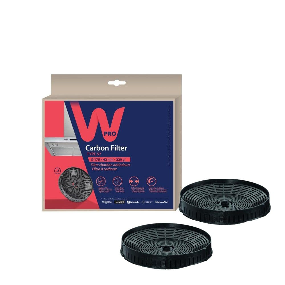 Una scatola con un logo rosso e blu e due filtri a carbone nero. Sulla scatola c'è scritto "Carbon Filter" e altri dettagli.