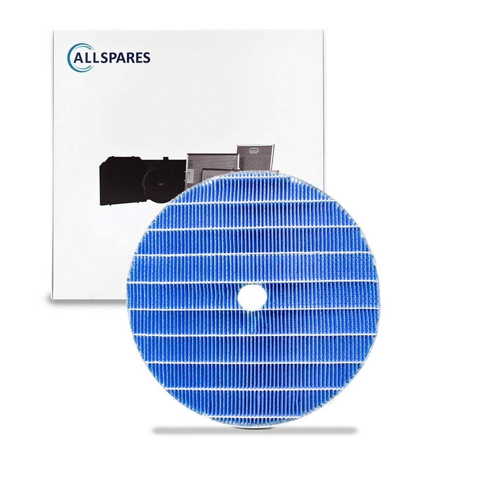 Un filtro dell'aria blu con un foro centrale bianco. È davanti a una scatola bianca con il logo Allspares e alcuni contorni di macchine.