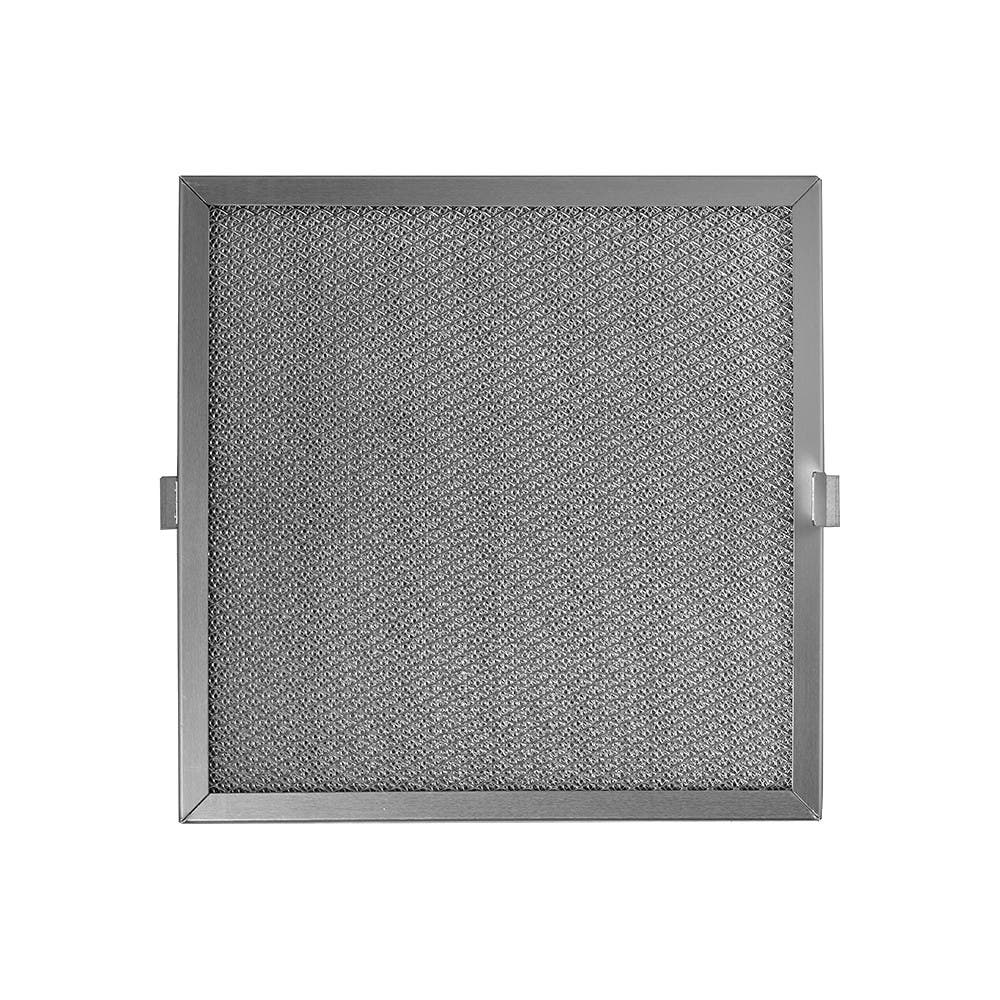 Un filtro metallico quadrato con un motivo a rete è centrato su uno sfondo bianco. Ha una cornice rettangolare.