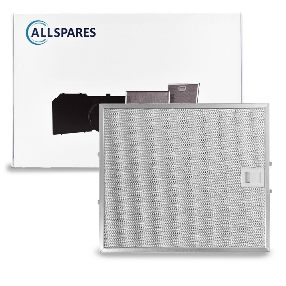 Metall-Dunstabzugshaubenfilter im Vordergrund. Eine weiße Box mit dem Logo 'ALLSPARE' befindet sich im Hintergrund mit Produktumrissen.
