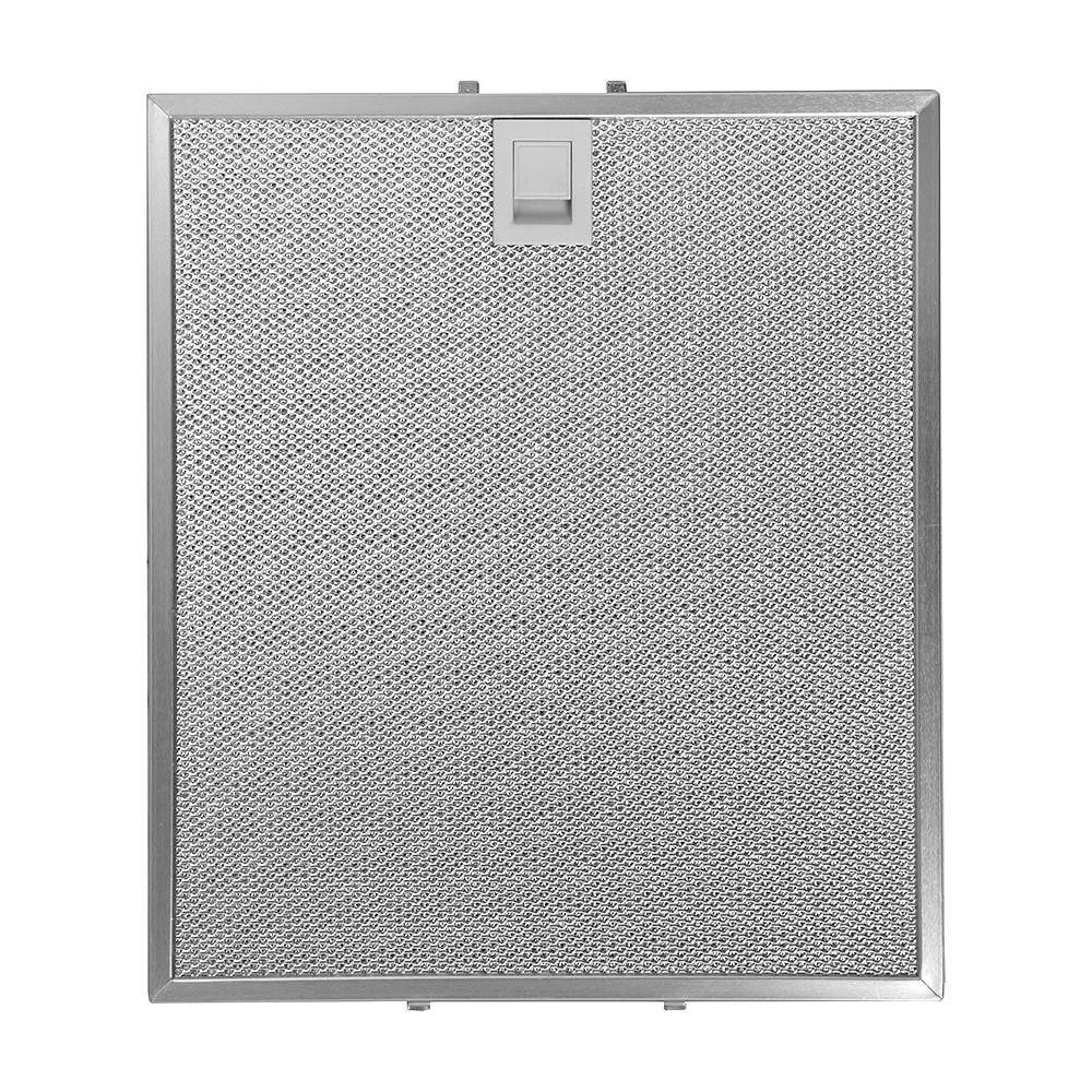 Ein rechteckiger Metallfilter mit Maschenmuster, silberfarben gerahmt. Oben mittig ein kleiner Griff, der Hintergrund ist weiß.