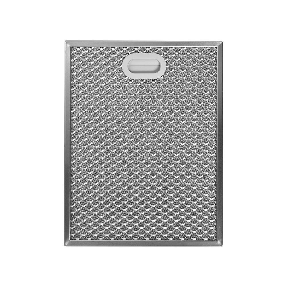 Un filtro metallico rettangolare. Ha un motivo a rete con una cornice argentata e una maniglia bianca. Lo sfondo è bianco.