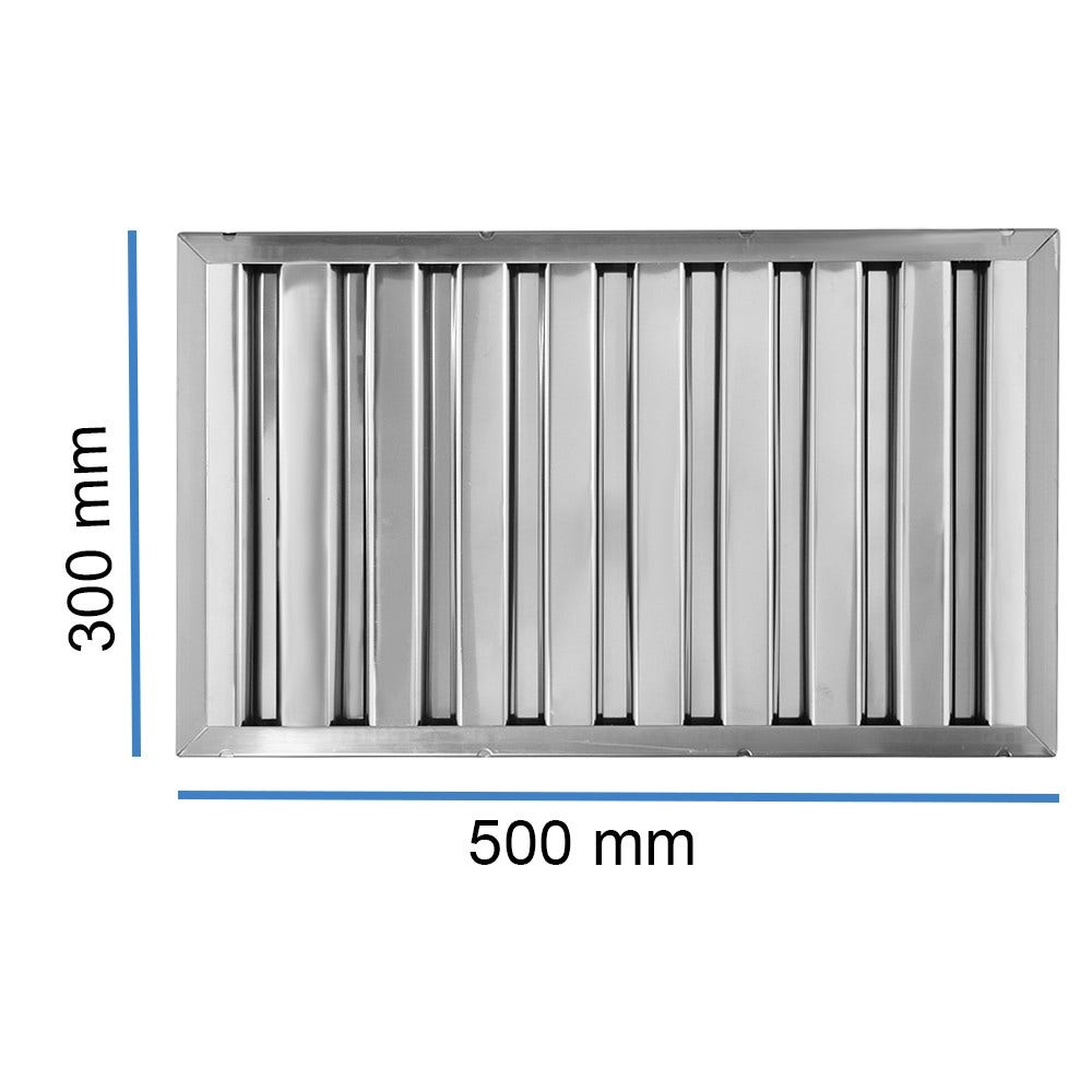 Una cappa da cucina rettangolare in acciaio inossidabile con lamelle verticali. Dimensioni: 300 mm x 500 mm. Linee e testo blu indicano le misure.