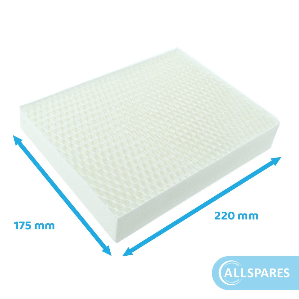 Un filtro rettangolare bianco, con misure di 175 mm e 220 mm. Il logo Allspares è visibile in basso a destra.