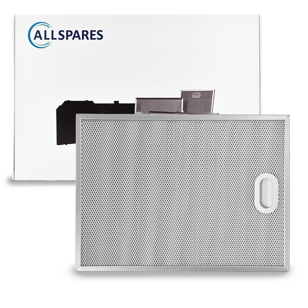 Un filtro metallico per cappa con maniglia e una scatola bianca con il logo Allspares. Altri componenti dell'elettrodomestico sullo sfondo.